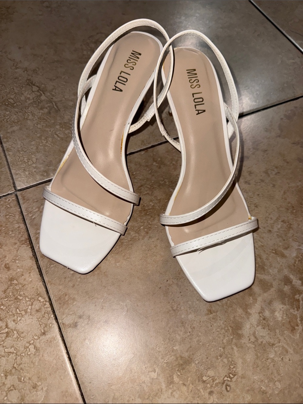 Miss Lola White Strappy Square-Toe Slingback Heels